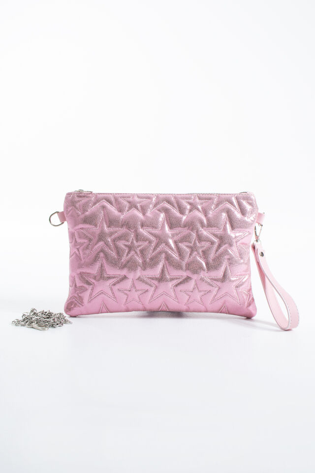 Pembe Simli Yıldız Dikişli Clutch Portföy Kadın Çanta