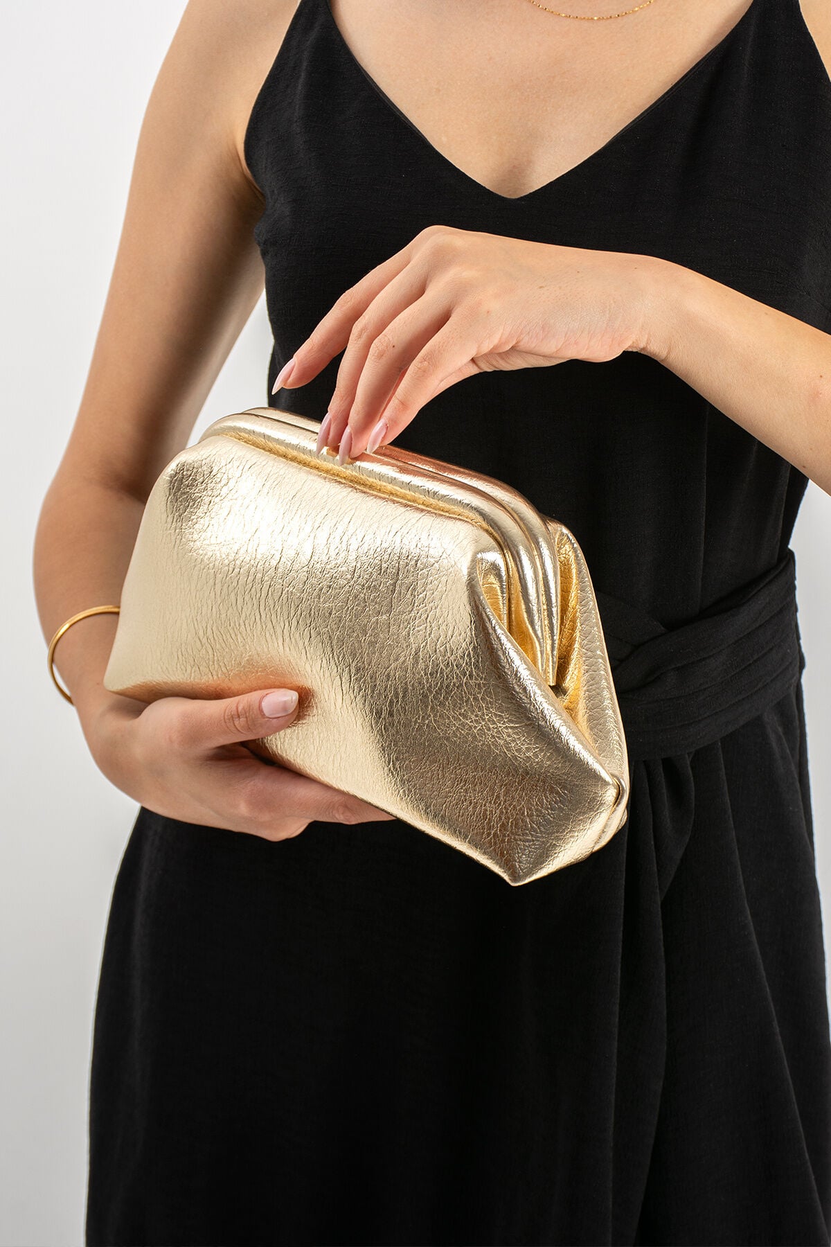 Altın Clutch Portföy El Ve Omuz Çantası Kadın