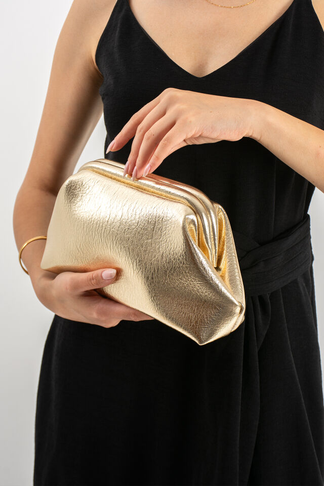 Altın Clutch Portföy El Ve Omuz Çantası Kadın