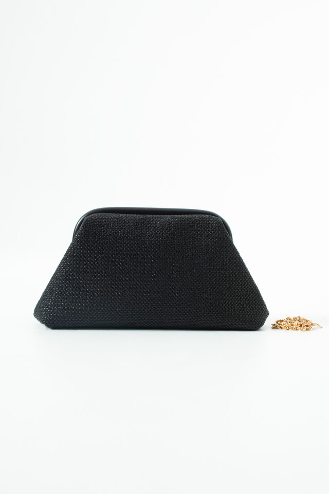 Siyah Hasır Desen Clutch Portföy El Ve Omuz Çantası