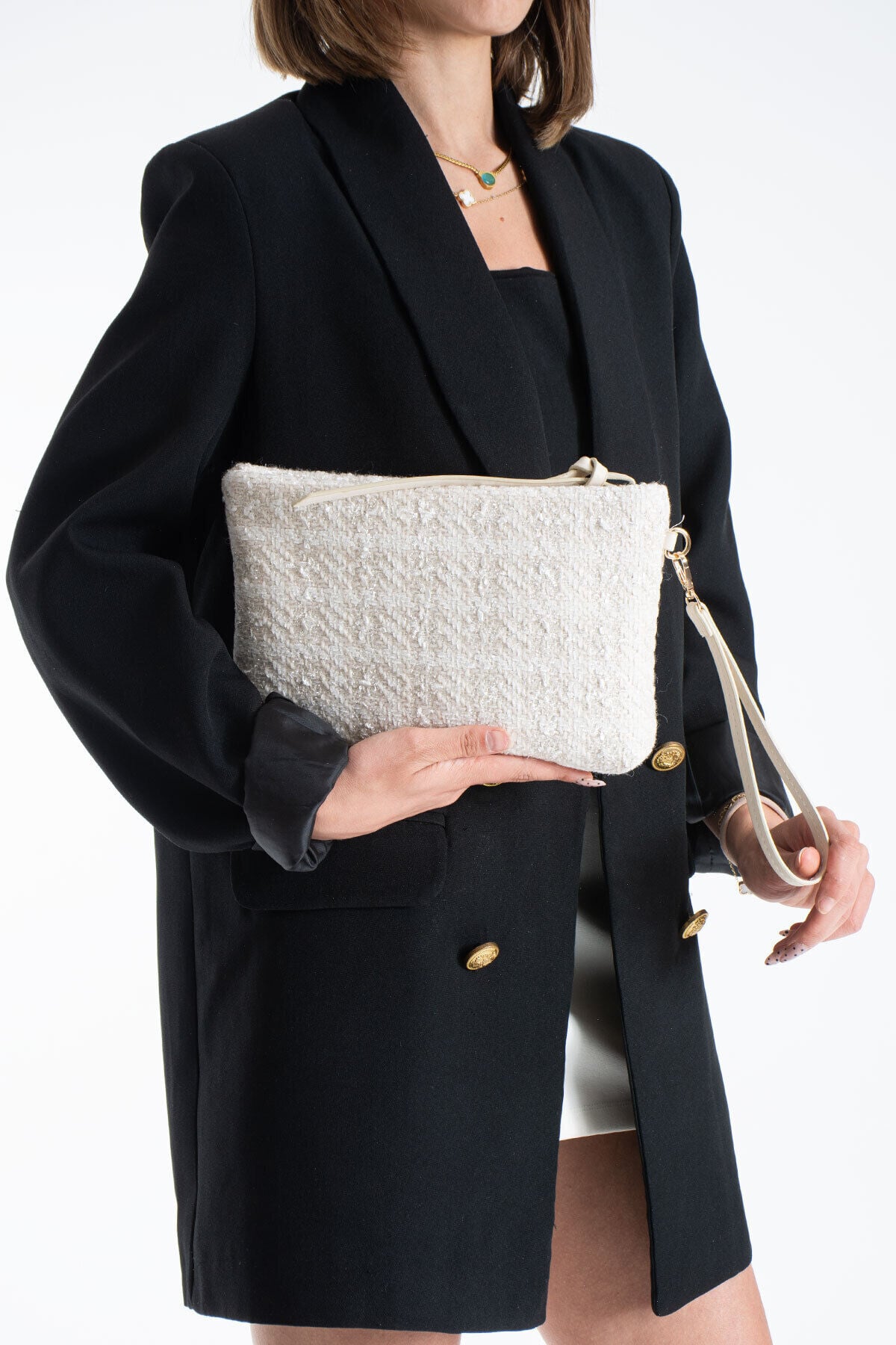 Krem Bilek Askılı Dokuma Clutch Portföy Kadın El Çantası