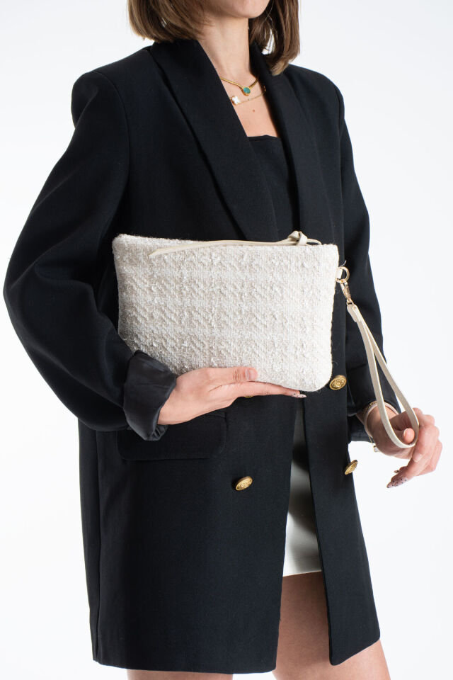 Krem Bilek Askılı Dokuma Clutch Portföy Kadın El Çantası