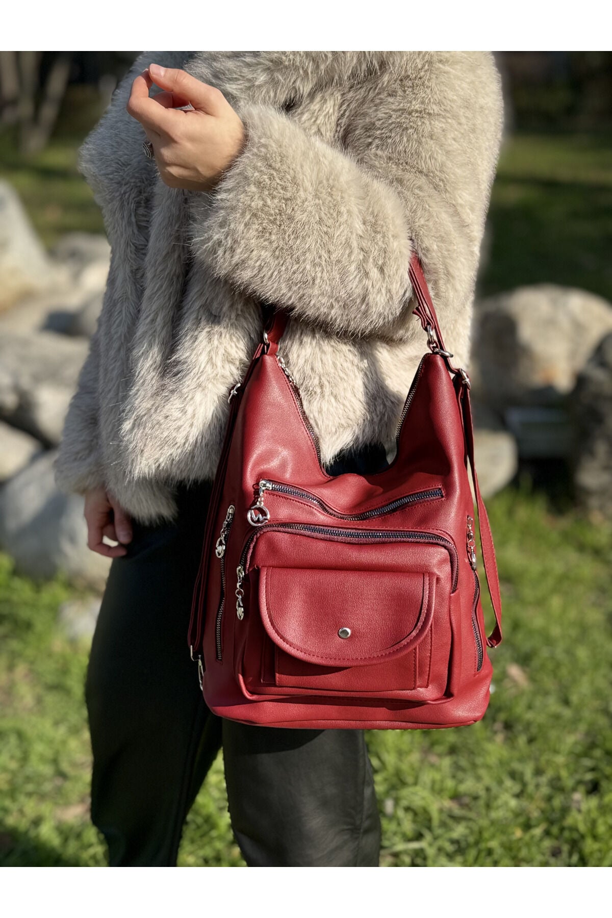 Bordo Yumuşak Deri Kadın Çapraz Kol Ve Sırt Çantası Bordo