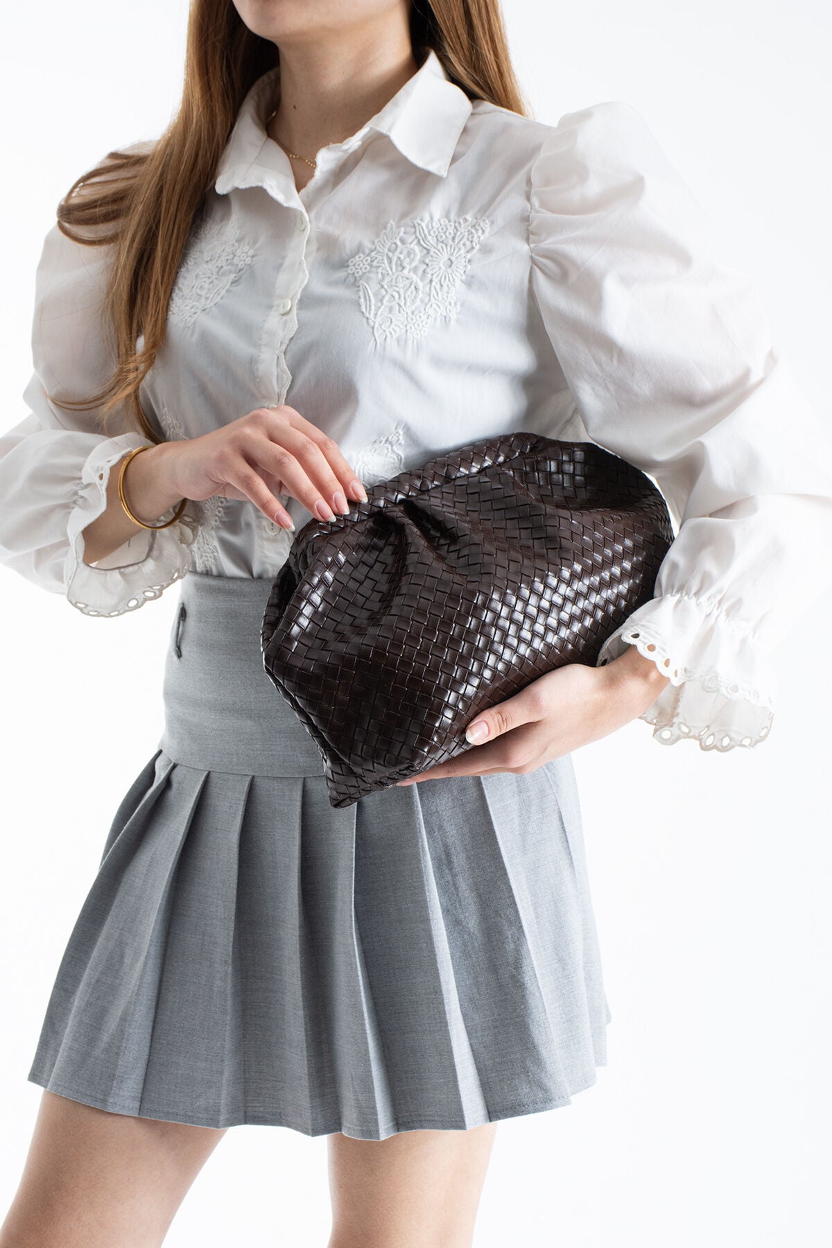 Pembe Örgü Detaylı Clutch Portföy Ve Omuz Çantası Kahverengi