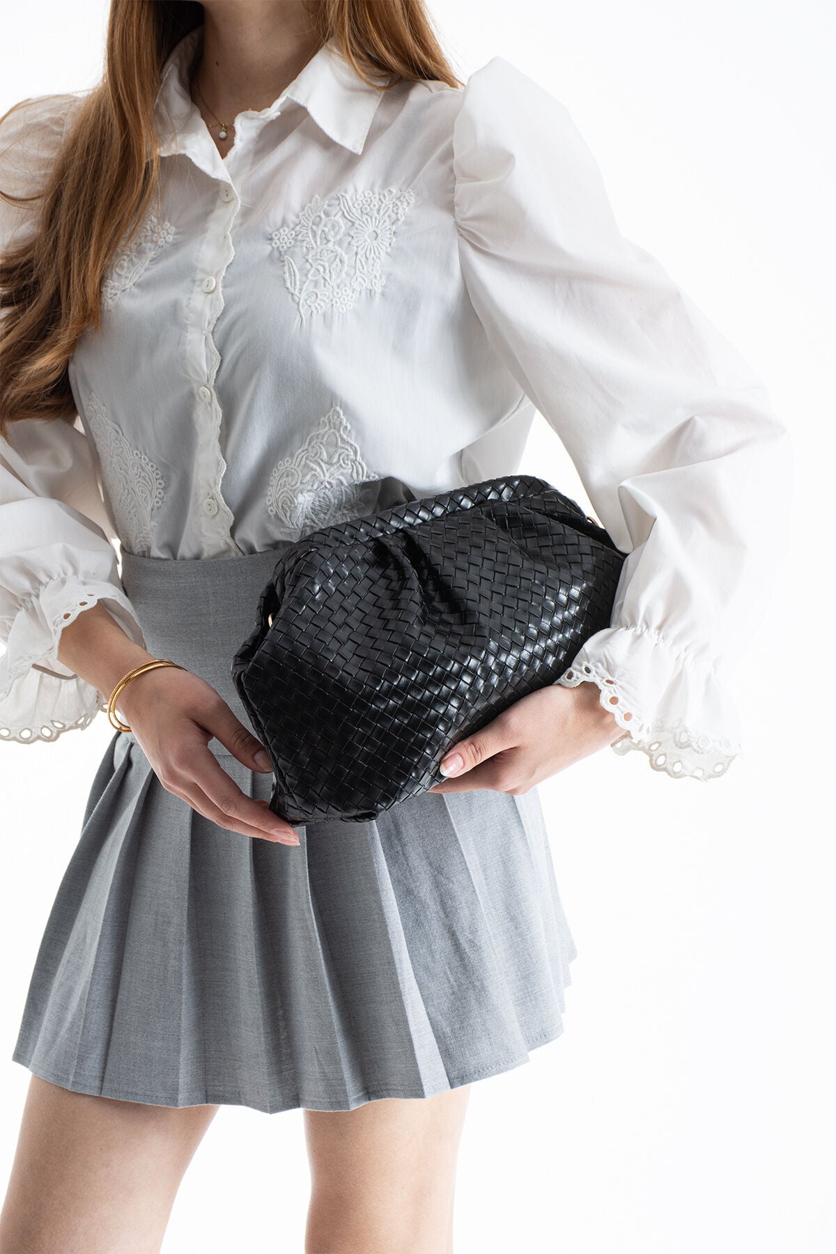 Pembe Örgü Detaylı Clutch Portföy Ve Omuz Çantası Siyah