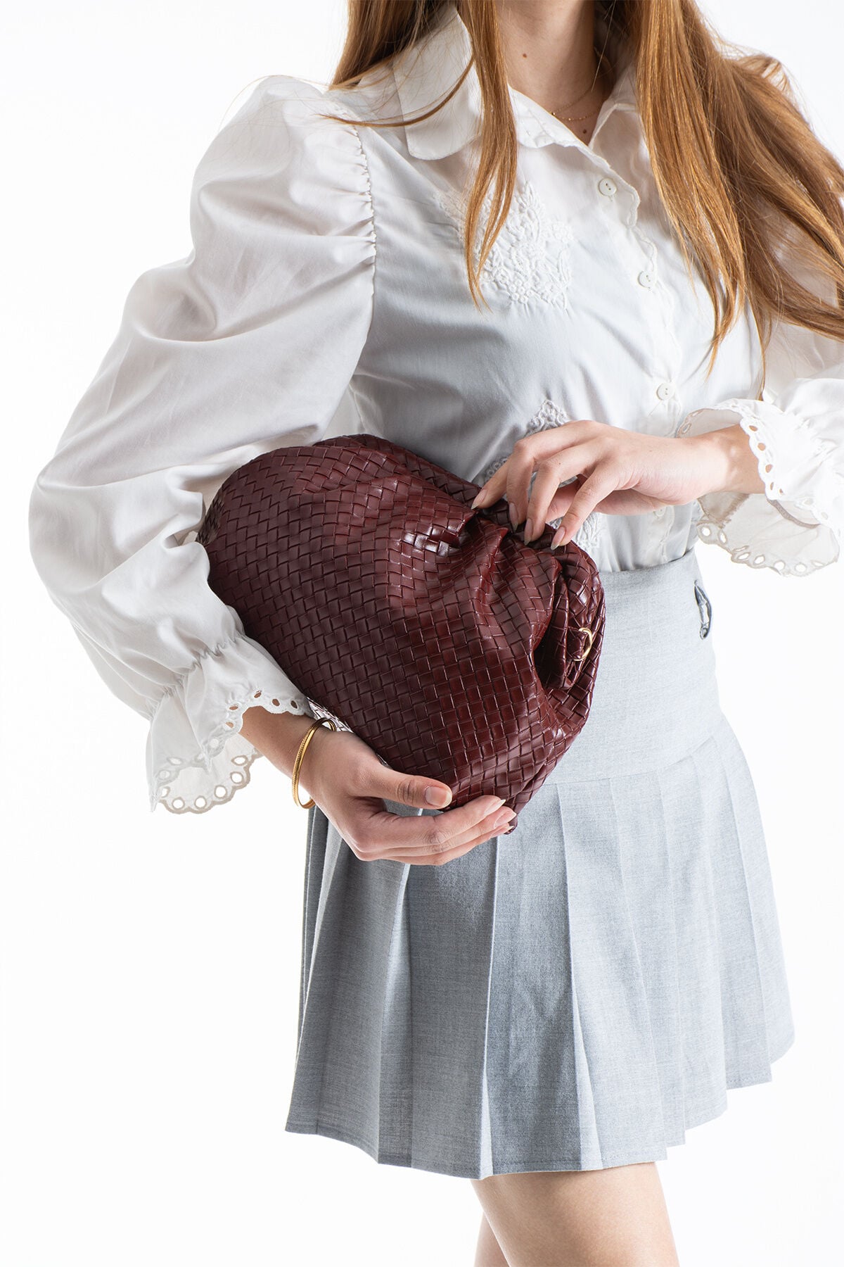 Pembe Örgü Detaylı Clutch Portföy Ve Omuz Çantası Bordo