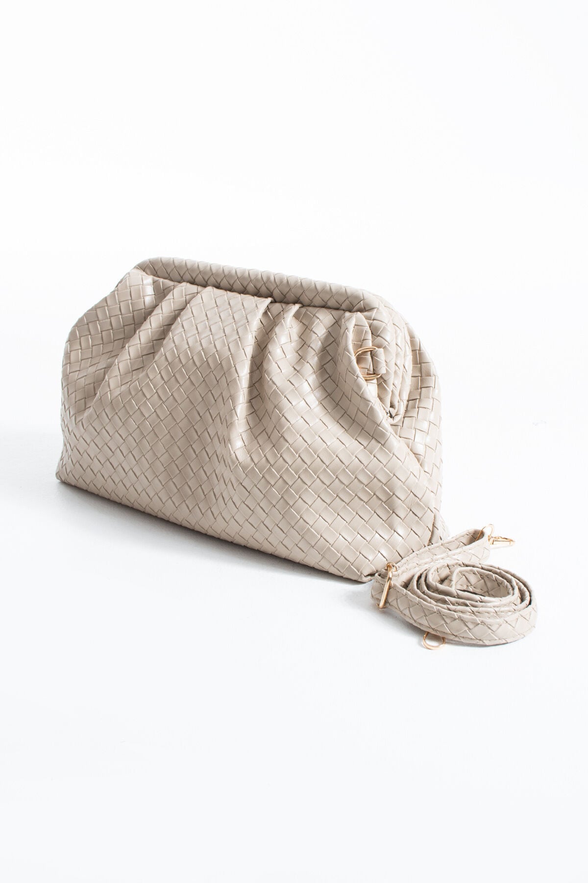 Pembe Örgü Detaylı Clutch Portföy Ve Omuz Çantası Vizon