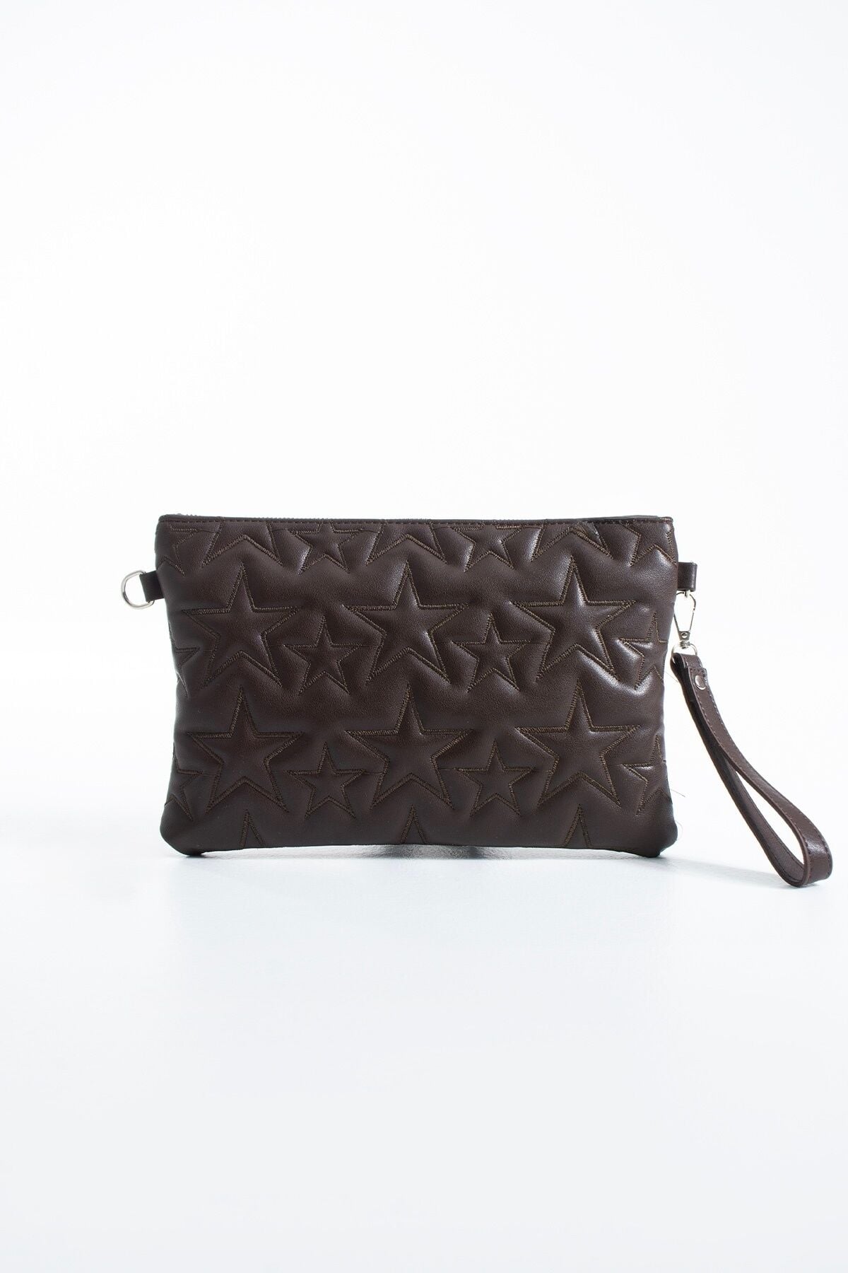 Pembe Simli Yıldız Dikişli Clutch Portföy Kadın Çanta Kahverengi
