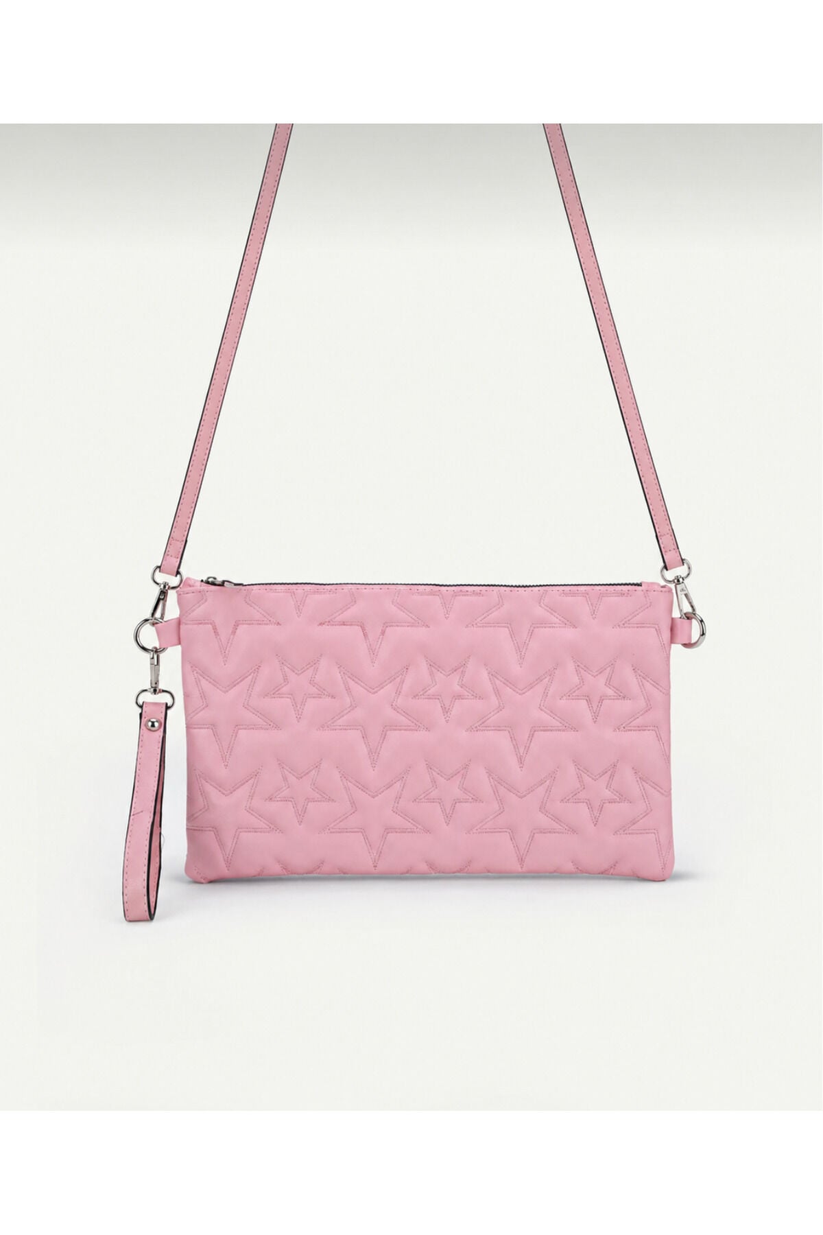 Pembe Simli Yıldız Dikişli Clutch Portföy Kadın Çanta Pembe