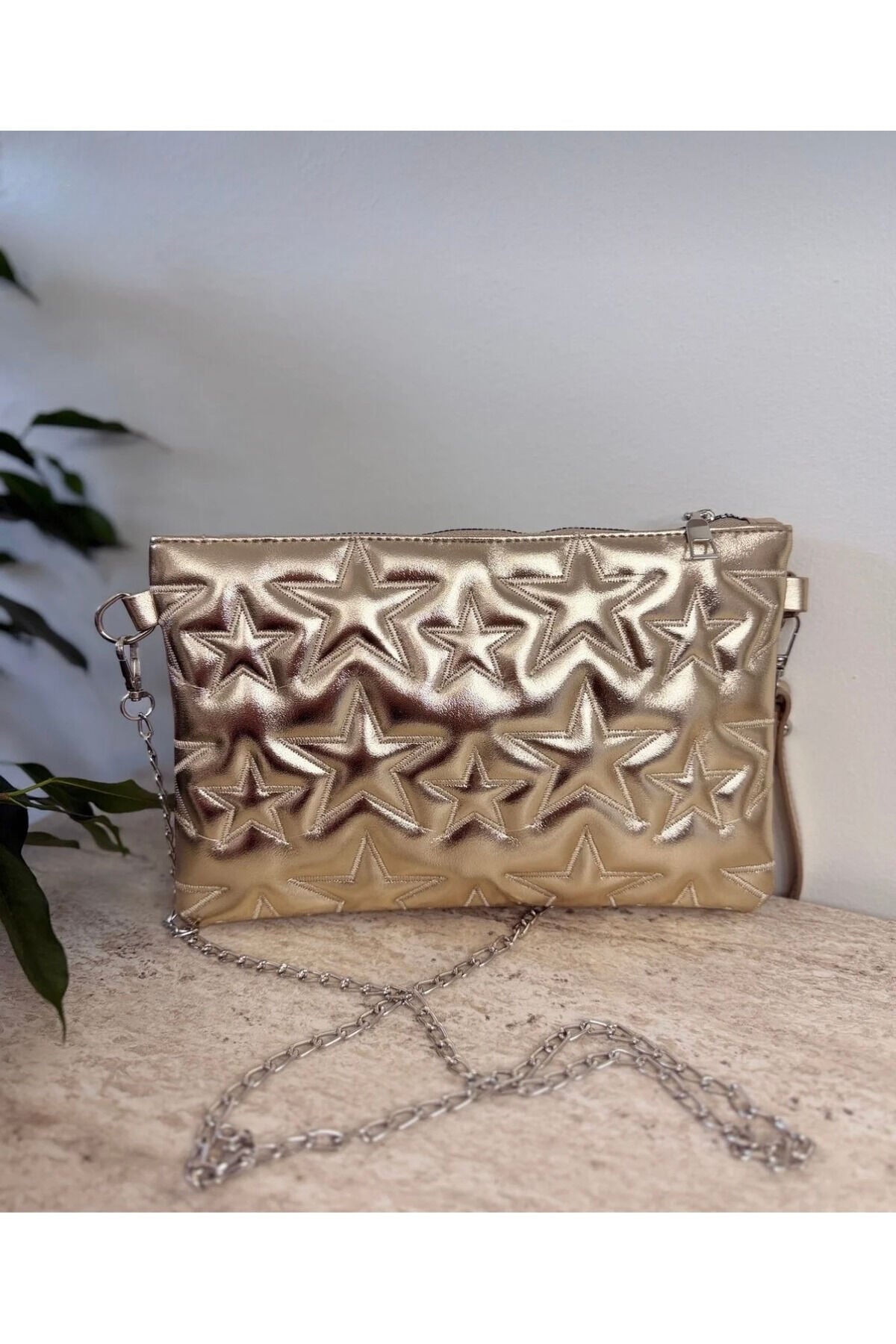 Pembe Simli Yıldız Dikişli Clutch Portföy Kadın Çanta Altın