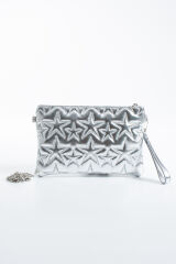 Pembe Simli Yıldız Dikişli Clutch Portföy Kadın Çanta Gümüş