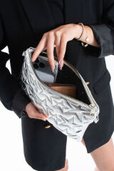 Pembe Simli Yıldız Dikişli Clutch Portföy Kadın Çanta Gümüş