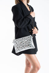 Pembe Simli Yıldız Dikişli Clutch Portföy Kadın Çanta Gümüş