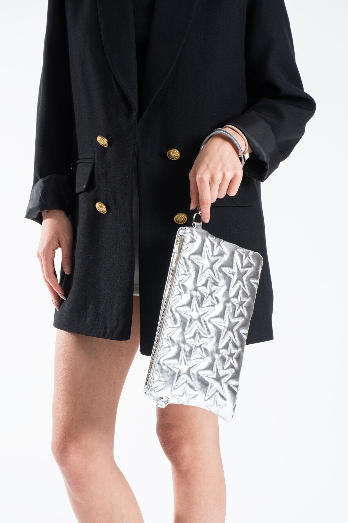 Pembe Simli Yıldız Dikişli Clutch Portföy Kadın Çanta Gümüş