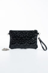 Pembe Simli Yıldız Dikişli Clutch Portföy Kadın Çanta Siyah Rugan