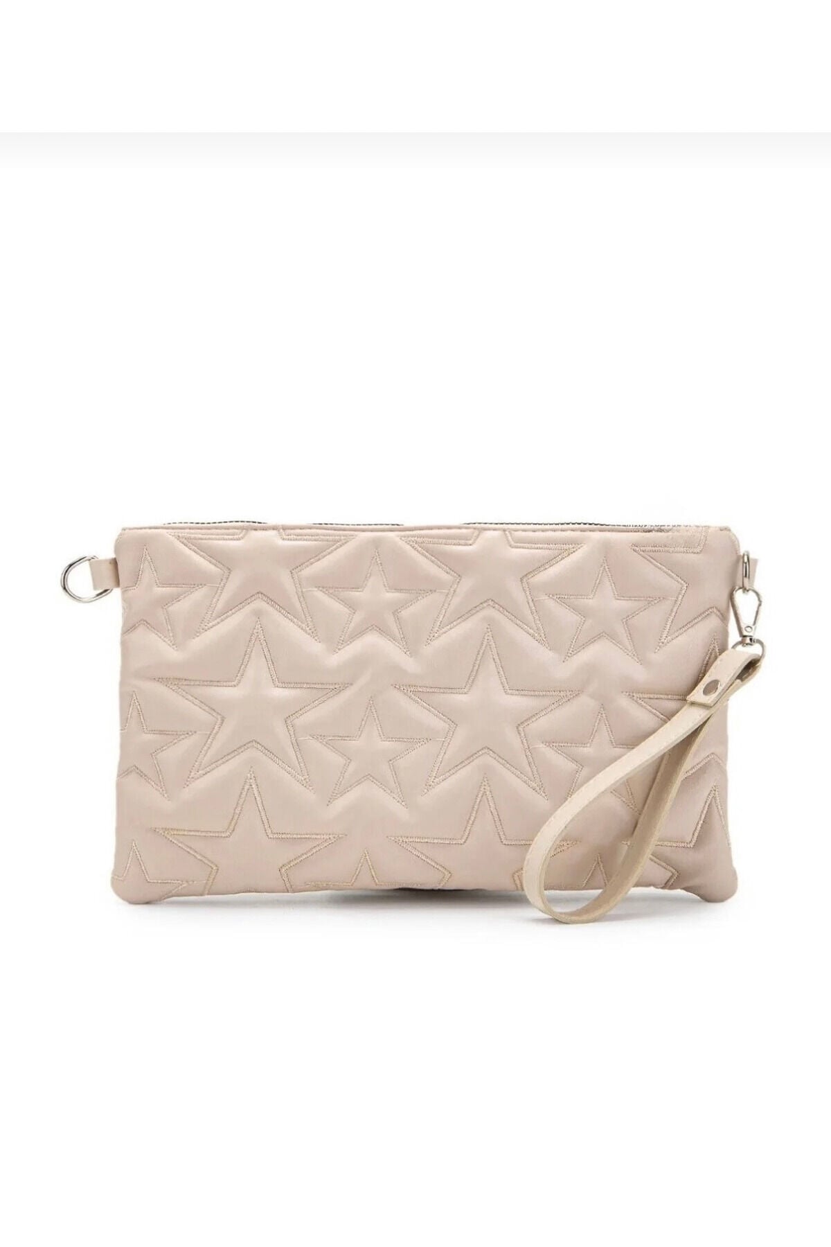 Pembe Simli Yıldız Dikişli Clutch Portföy Kadın Çanta Bej