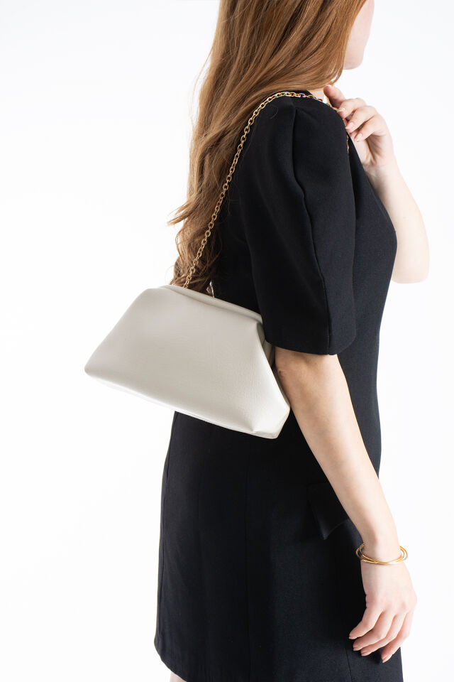 Altın Clutch Portföy El Ve Omuz Çantası Kadın Krem