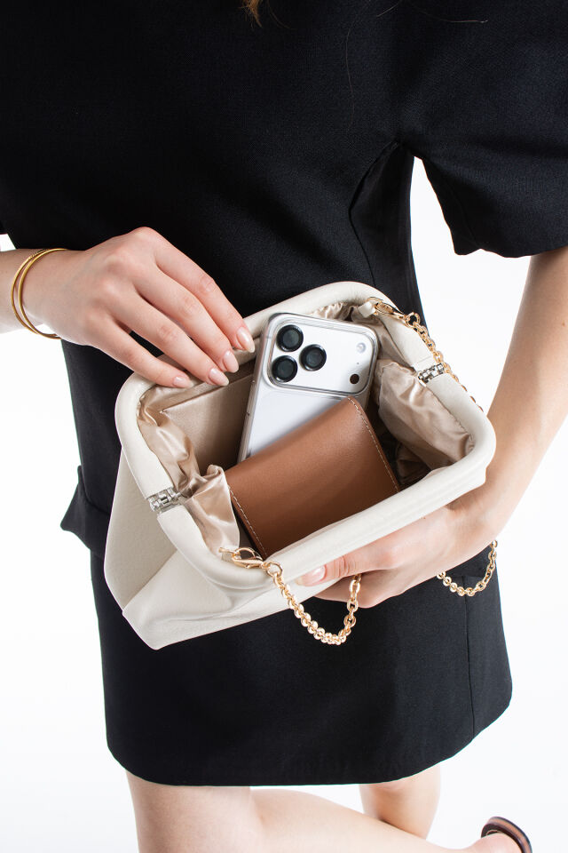 Altın Clutch Portföy El Ve Omuz Çantası Kadın Krem