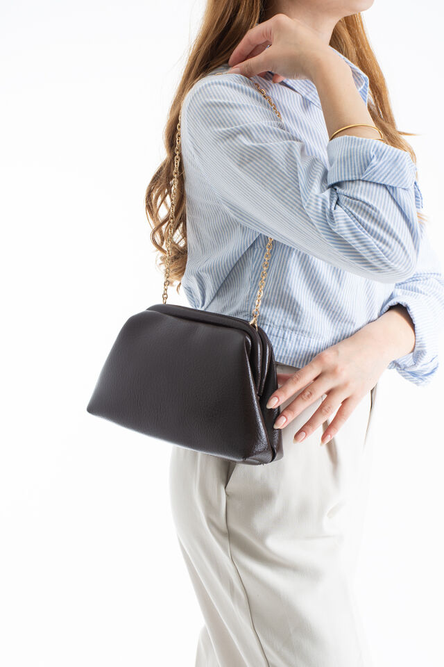 Altın Clutch Portföy El Ve Omuz Çantası Kadın Kahverengi