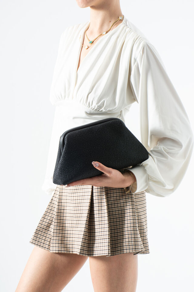 Siyah Hasır Desen Clutch Portföy El Ve Omuz Çantası Siyah Hasır