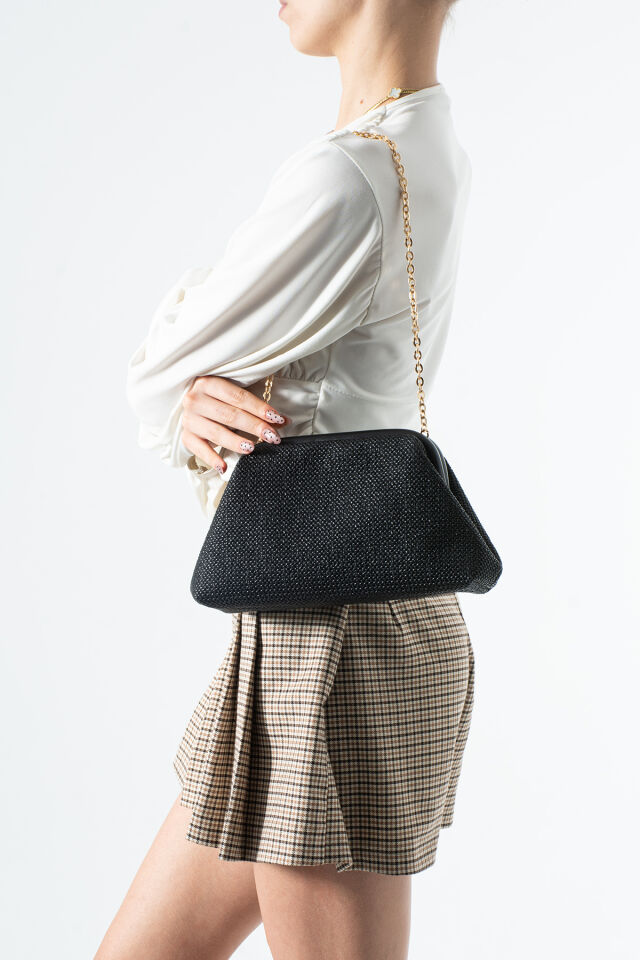 Siyah Hasır Desen Clutch Portföy El Ve Omuz Çantası Siyah Hasır