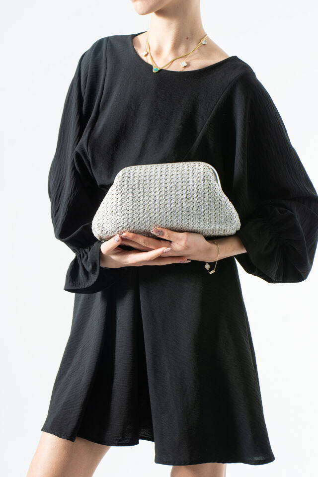 Siyah Hasır Desen Clutch Portföy El Ve Omuz Çantası Gümüş Hasır