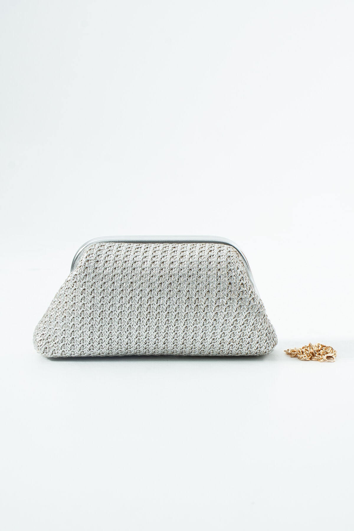 Siyah Hasır Desen Clutch Portföy El Ve Omuz Çantası Gümüş Hasır