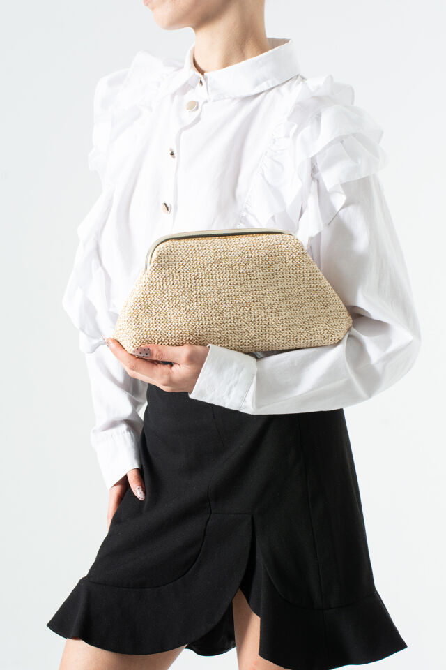 Siyah Hasır Desen Clutch Portföy El Ve Omuz Çantası Krem Hasır