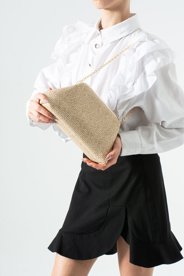 Siyah Hasır Desen Clutch Portföy El Ve Omuz Çantası Krem Hasır