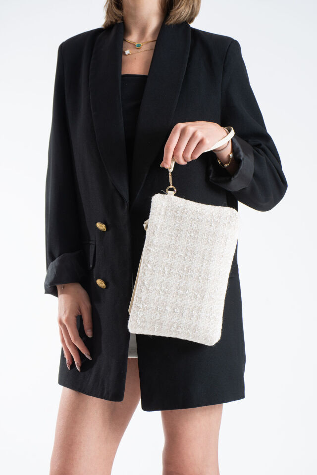 Krem Bilek Askılı Dokuma Clutch Portföy Kadın El Çantası Krem