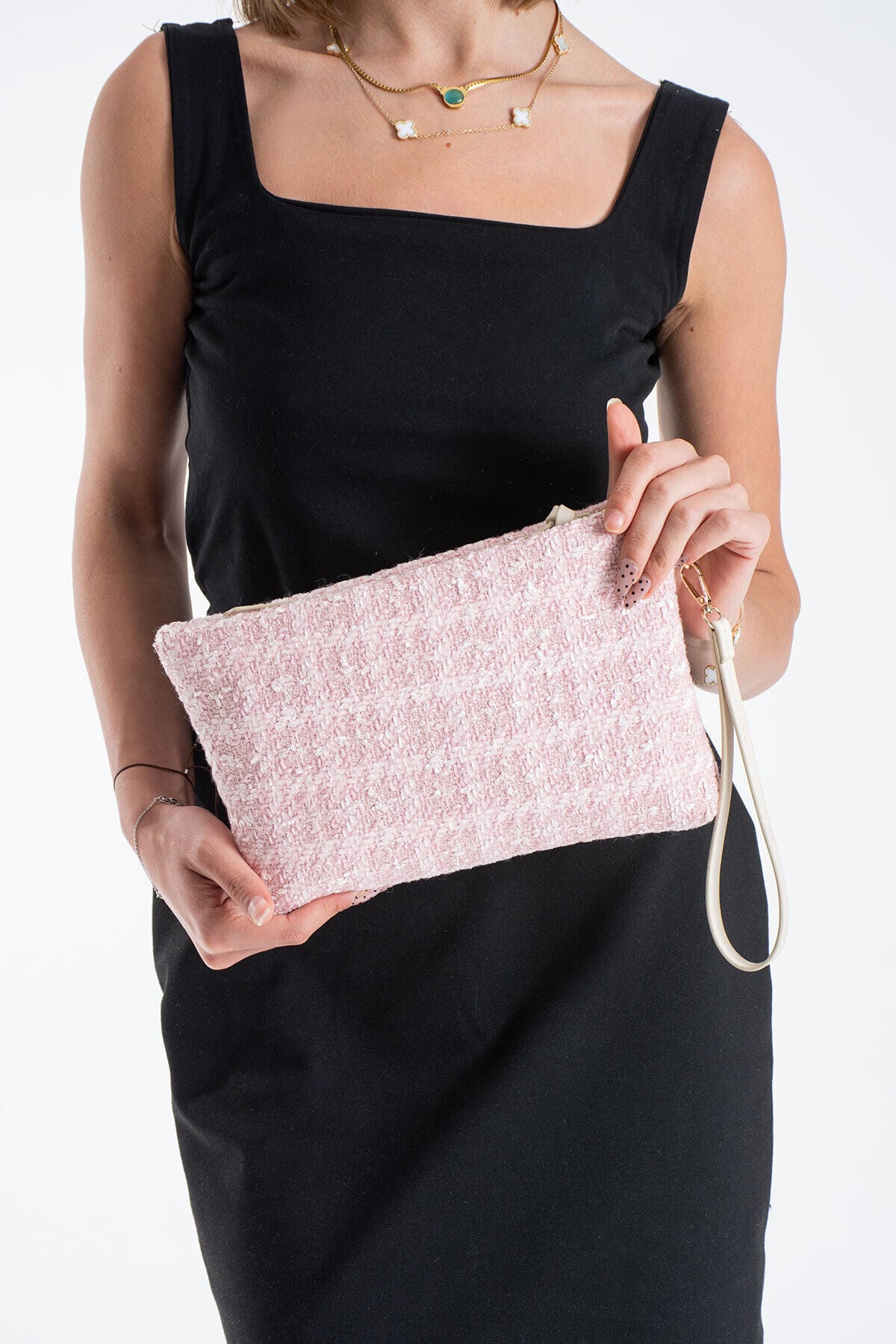 Krem Bilek Askılı Dokuma Clutch Portföy Kadın El Çantası Pembe