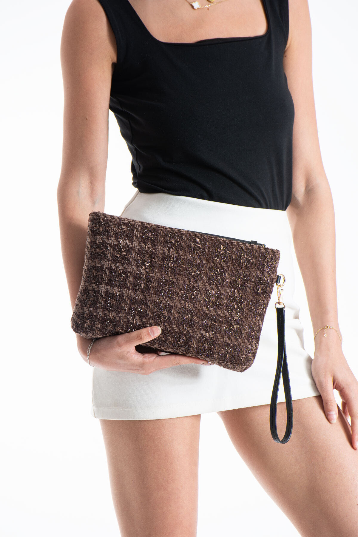 Krem Bilek Askılı Dokuma Clutch Portföy Kadın El Çantası Kahverengi