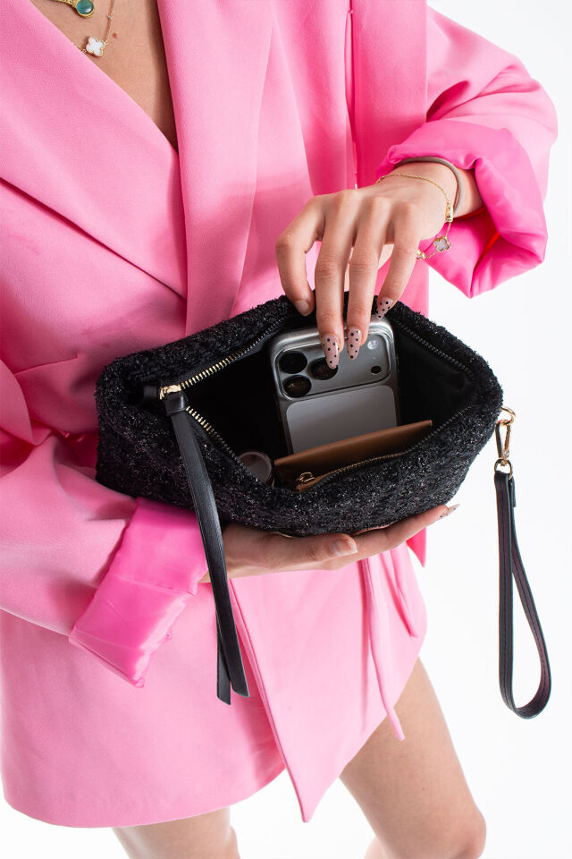 Krem Bilek Askılı Dokuma Clutch Portföy Kadın El Çantası Siyah