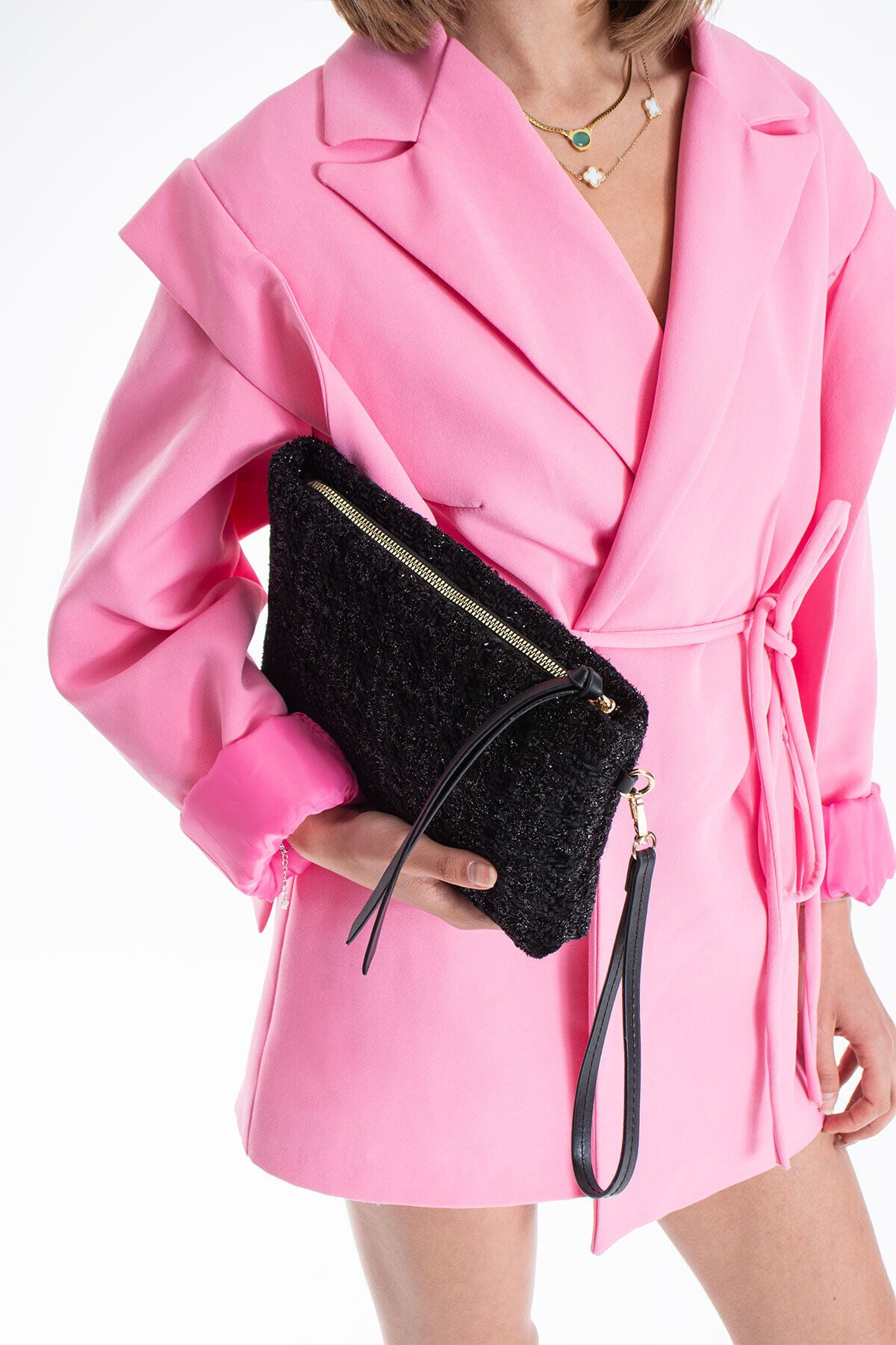 Krem Bilek Askılı Dokuma Clutch Portföy Kadın El Çantası Siyah
