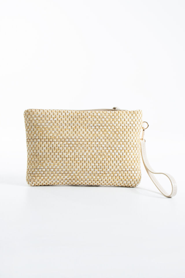 Vizon Hasır Kadın Clutch Portföy Çanta - Modern Dokulu Tasarım, Şık & Günlük Kullanım Vizon Hasır