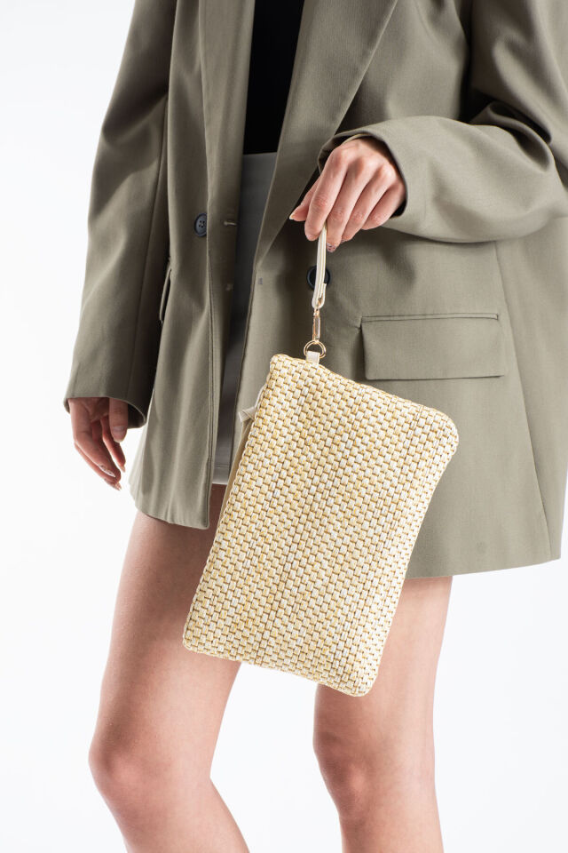 Vizon Hasır Kadın Clutch Portföy Çanta - Modern Dokulu Tasarım, Şık & Günlük Kullanım Vizon Hasır
