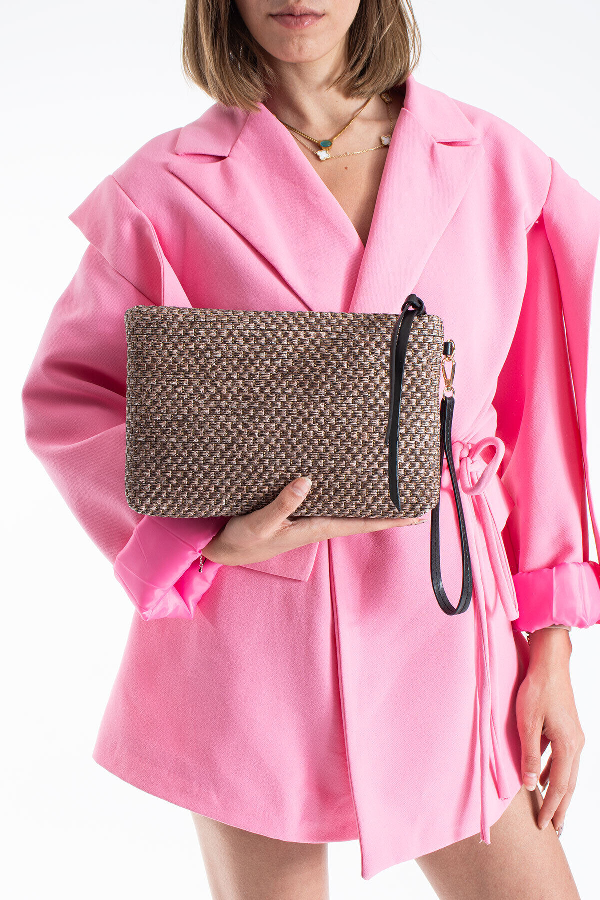 Vizon Hasır Kadın Clutch Portföy Çanta - Modern Dokulu Tasarım, Şık & Günlük Kullanım Kahverengi Hasır