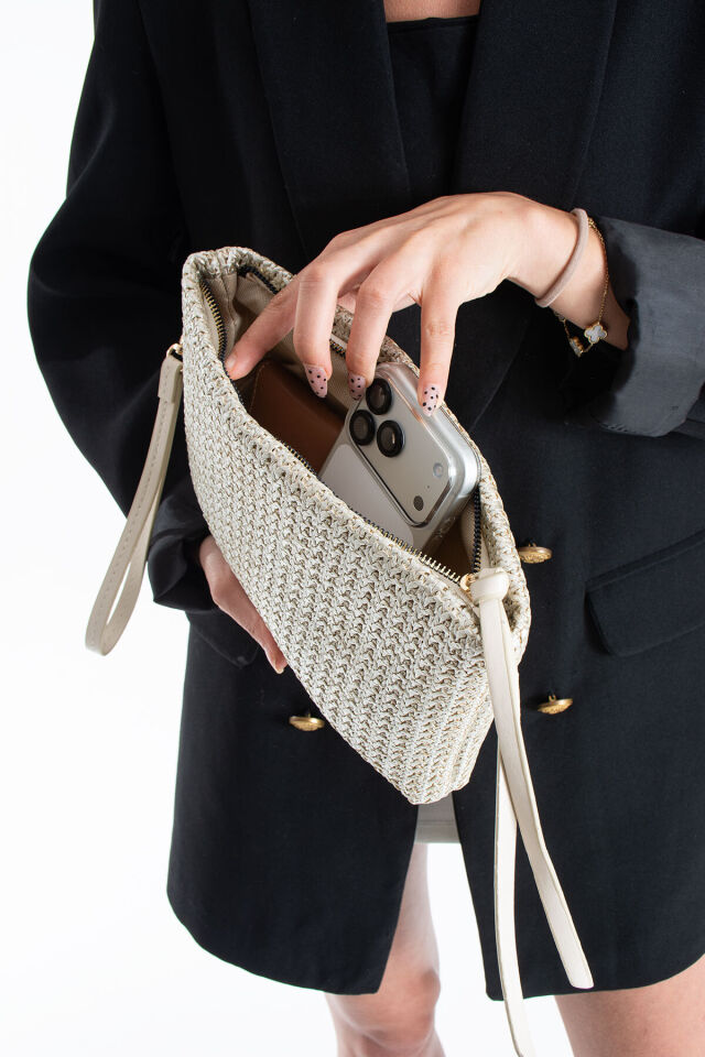 Vizon Hasır Kadın Clutch Portföy Çanta - Modern Dokulu Tasarım, Şık & Günlük Kullanım Altın Hasır