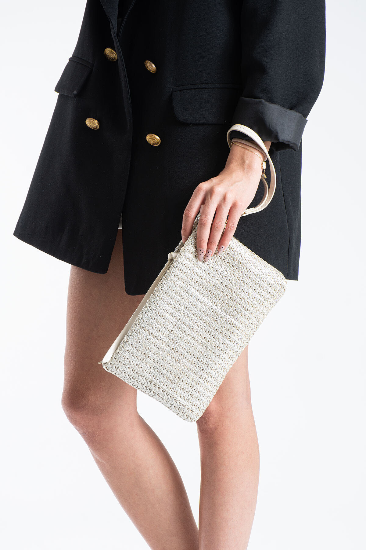 Vizon Hasır Kadın Clutch Portföy Çanta - Modern Dokulu Tasarım, Şık & Günlük Kullanım Altın Hasır