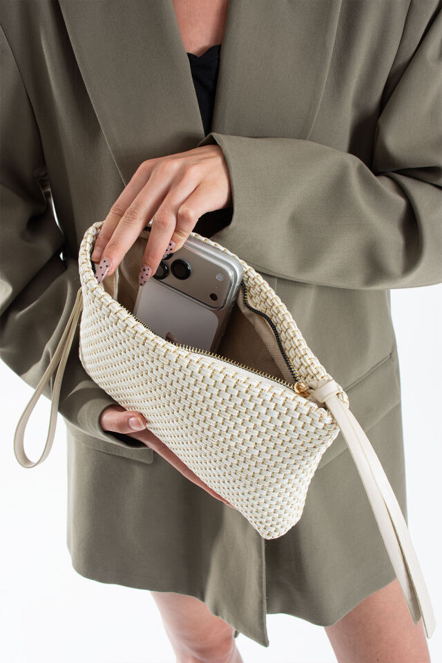 Vizon Hasır Kadın Clutch Portföy Çanta - Modern Dokulu Tasarım, Şık & Günlük Kullanım Krem Hasır