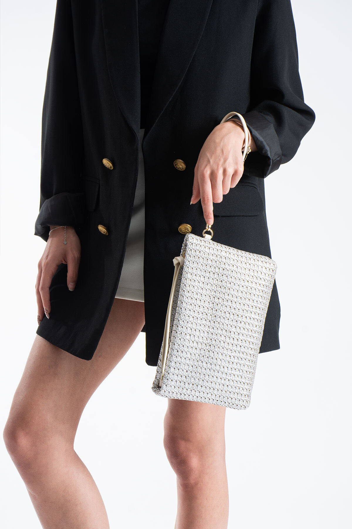 Vizon Hasır Kadın Clutch Portföy Çanta - Modern Dokulu Tasarım, Şık & Günlük Kullanım Gümüş Hasır