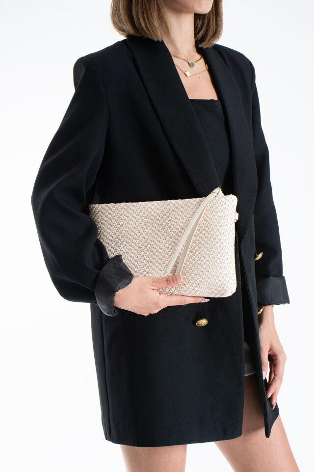 Vizon Hasır Kadın Clutch Portföy Çanta - Modern Dokulu Tasarım, Şık & Günlük Kullanım Nude