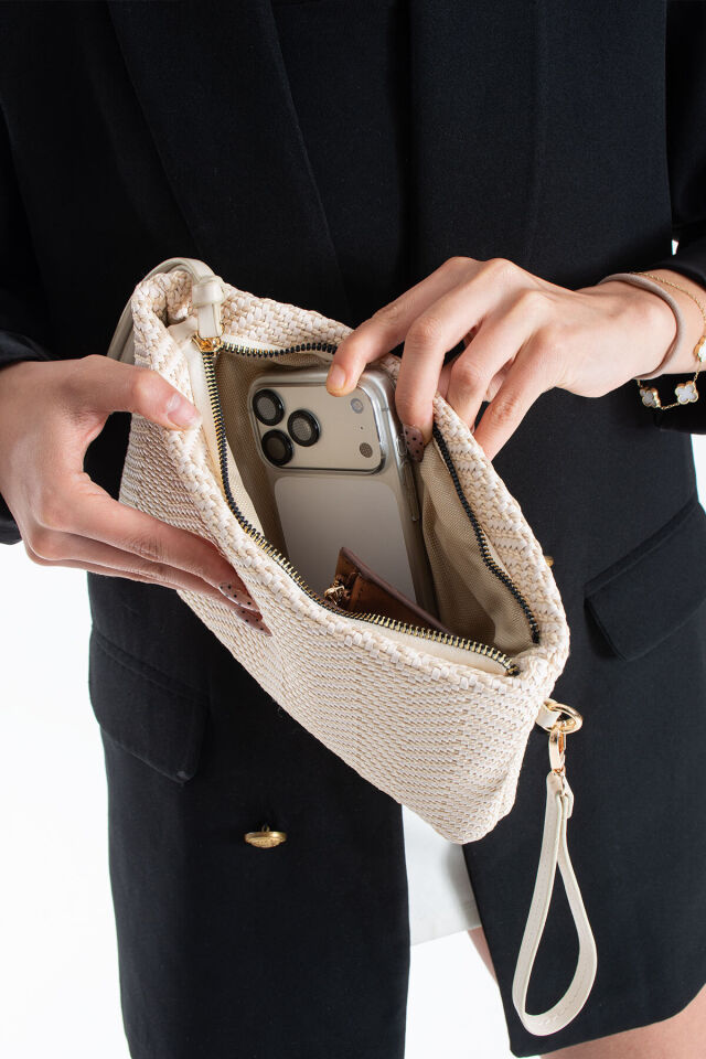 Vizon Hasır Kadın Clutch Portföy Çanta - Modern Dokulu Tasarım, Şık & Günlük Kullanım Nude