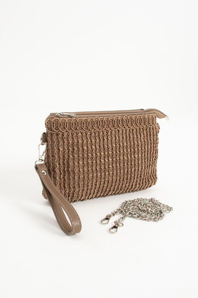 Vizon Triko Dokuma Clutch Portföy Bilek Askılı Kadın Çanta Vizon