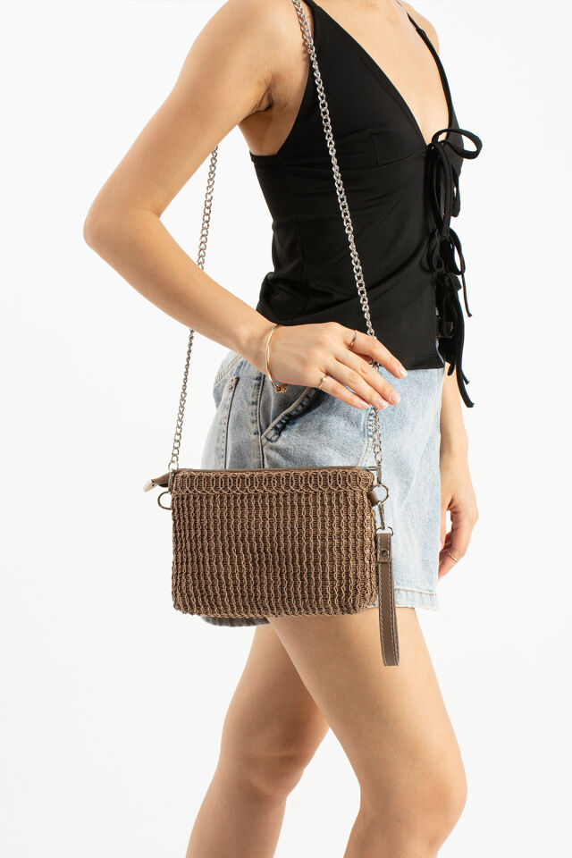 Vizon Triko Dokuma Clutch Portföy Bilek Askılı Kadın Çanta Vizon