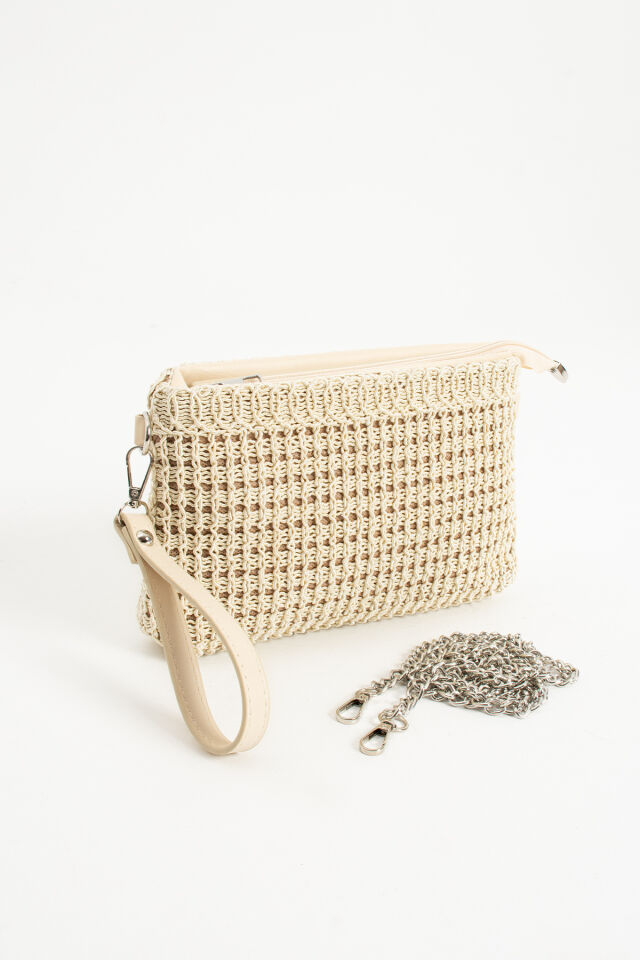 Vizon Triko Dokuma Clutch Portföy Bilek Askılı Kadın Çanta Krem