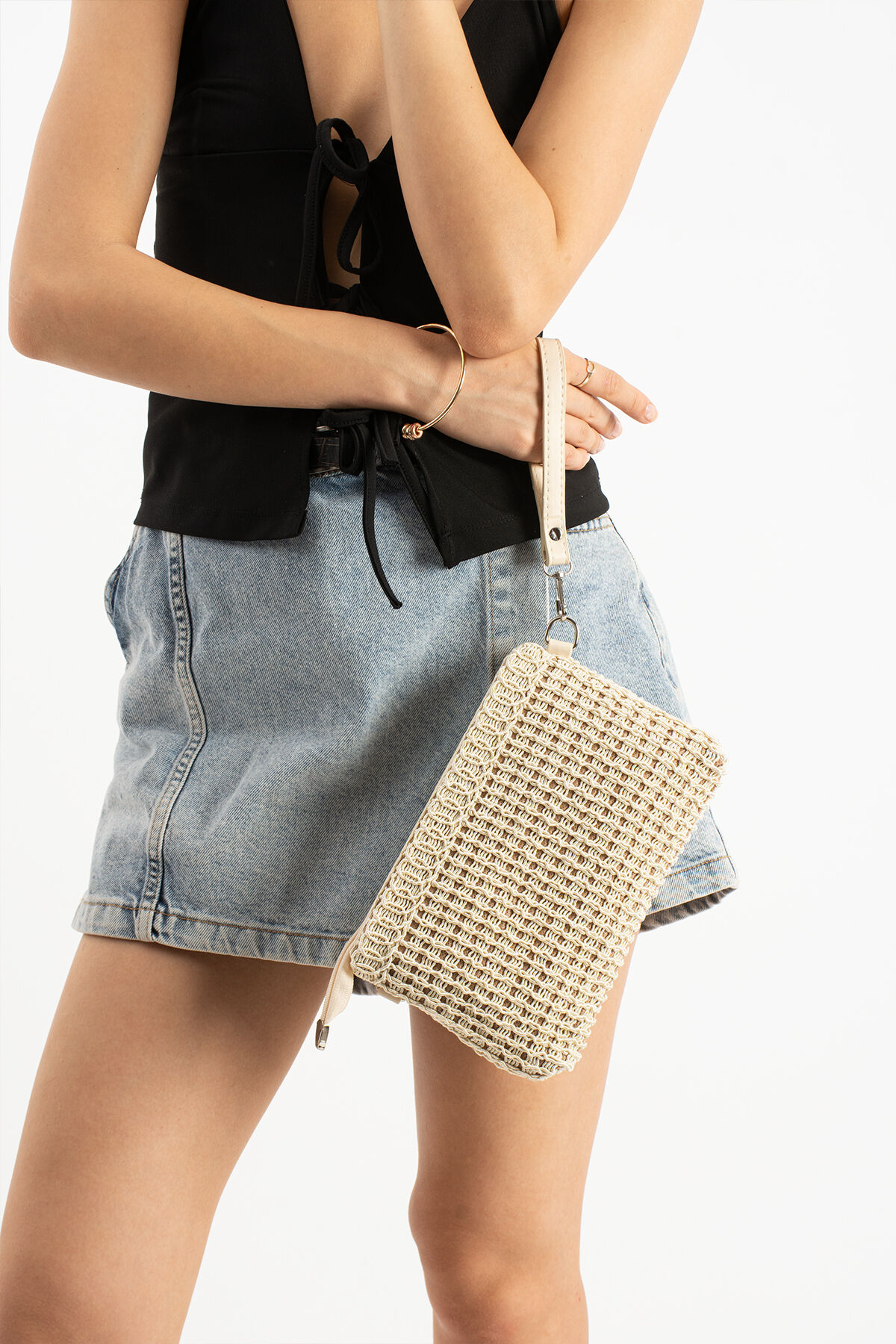 Vizon Triko Dokuma Clutch Portföy Bilek Askılı Kadın Çanta Krem