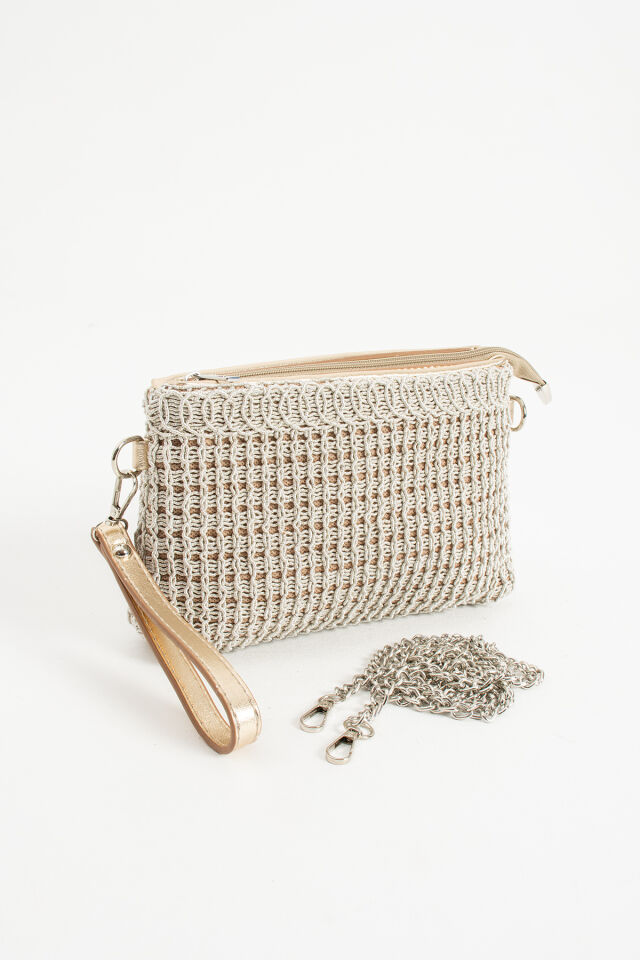 Vizon Triko Dokuma Clutch Portföy Bilek Askılı Kadın Çanta Altın Bej
