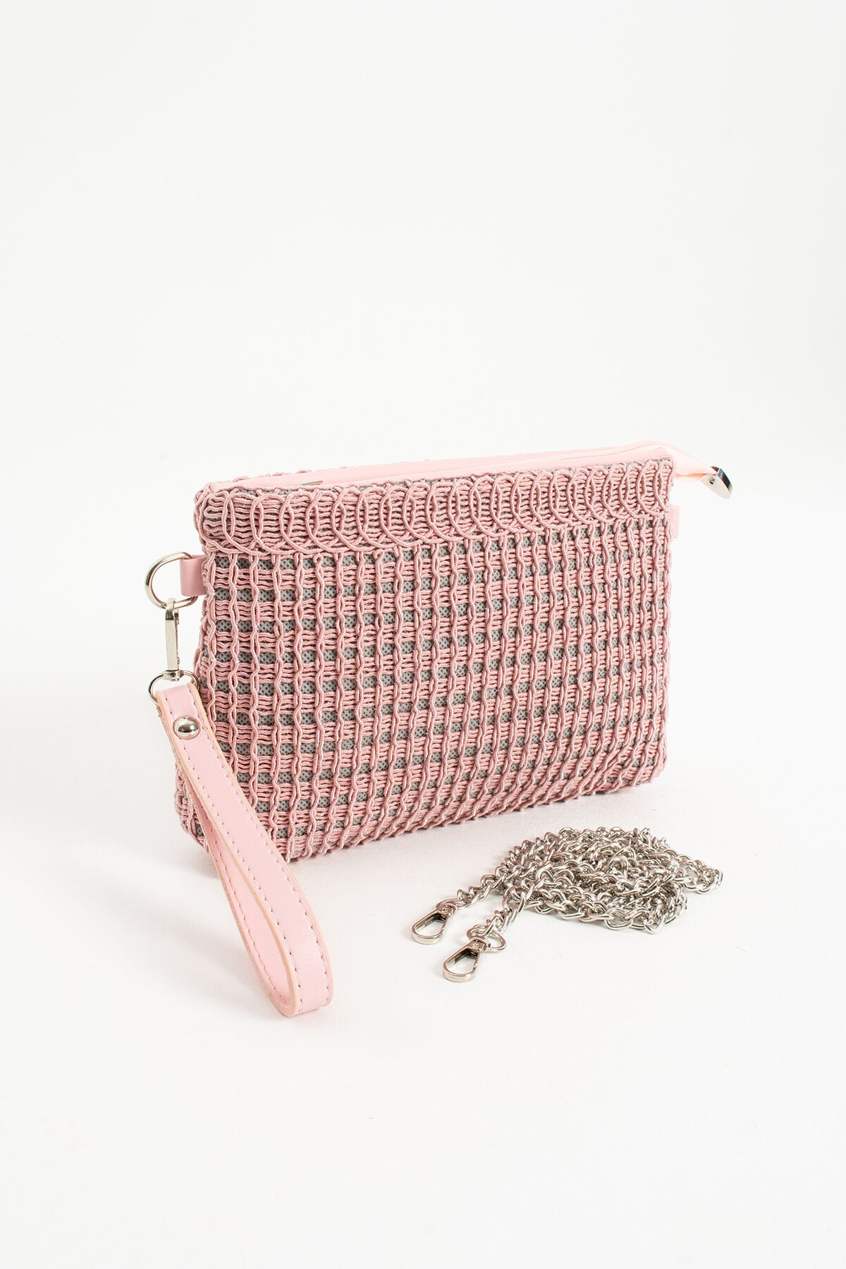 Vizon Triko Dokuma Clutch Portföy Bilek Askılı Kadın Çanta Pembe