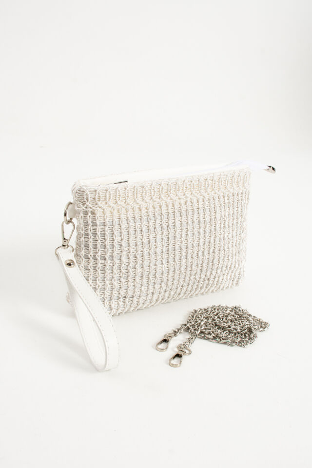 Vizon Triko Dokuma Clutch Portföy Bilek Askılı Kadın Çanta Beyaz